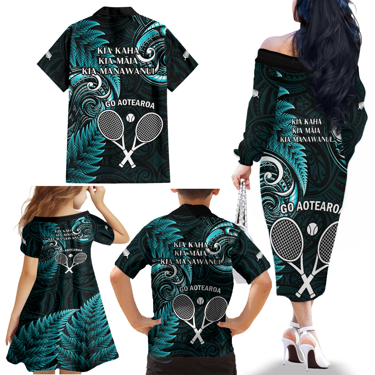 New Zealand Tiki Tennis Family Matching Off Shoulder Long Sleeve Dress and Hawaiian Shirt 2024 Aotearoa Tenehi Maori Silver Fern - Turquoise