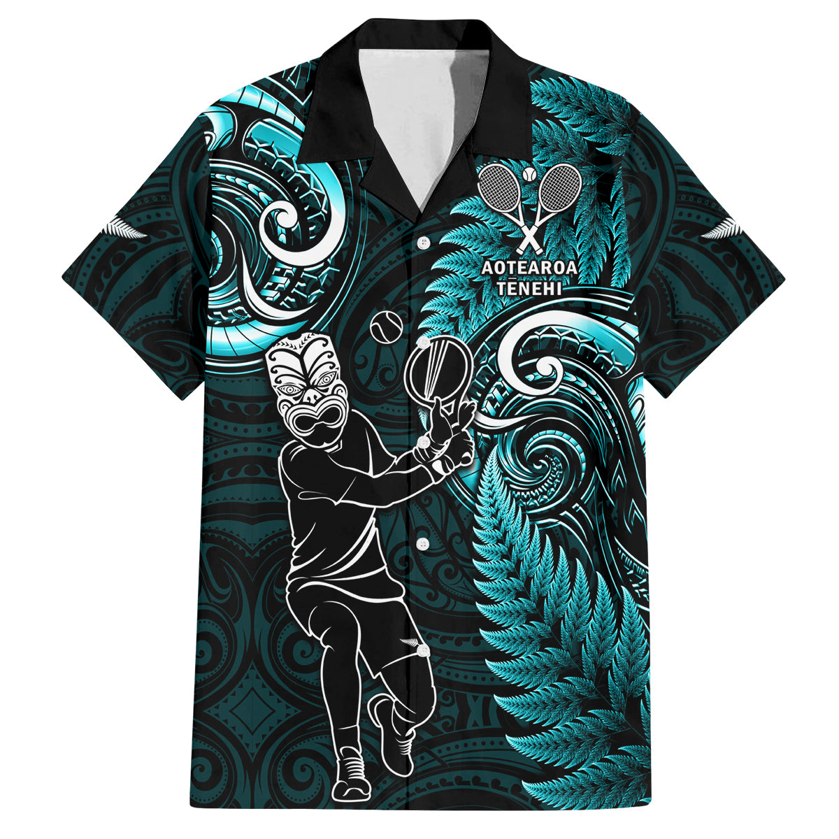 New Zealand Tiki Tennis Family Matching Off Shoulder Long Sleeve Dress and Hawaiian Shirt 2024 Aotearoa Tenehi Maori Silver Fern - Turquoise