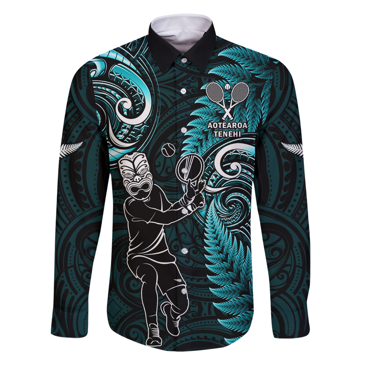 New Zealand Tiki Tennis Family Matching Off Shoulder Long Sleeve Dress and Hawaiian Shirt 2024 Aotearoa Tenehi Maori Silver Fern - Turquoise