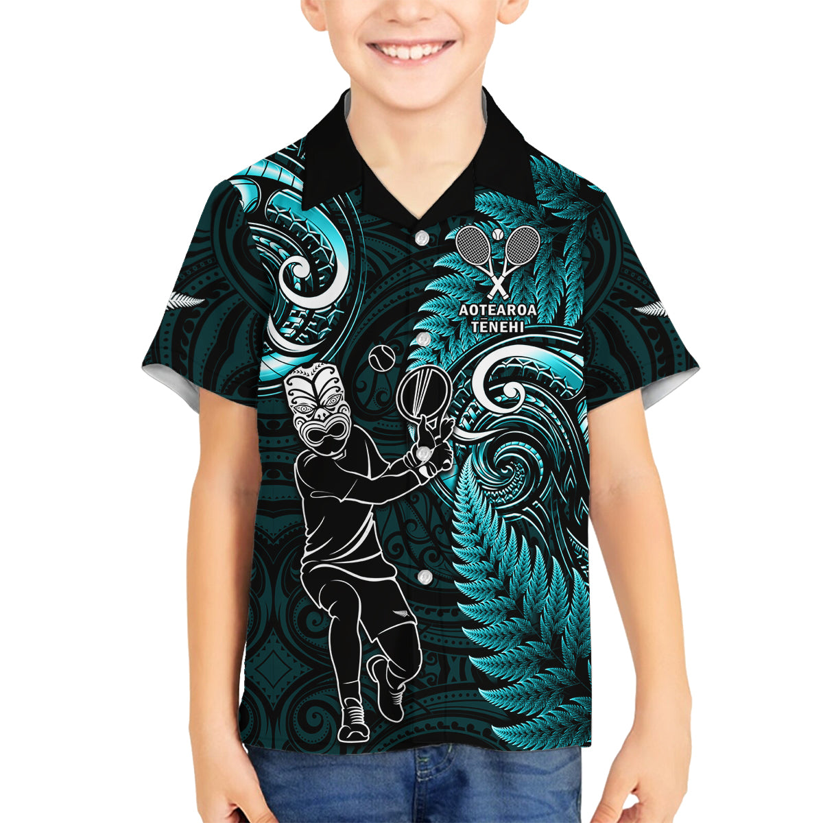 New Zealand Tiki Tennis Family Matching Off Shoulder Long Sleeve Dress and Hawaiian Shirt 2024 Aotearoa Tenehi Maori Silver Fern - Turquoise