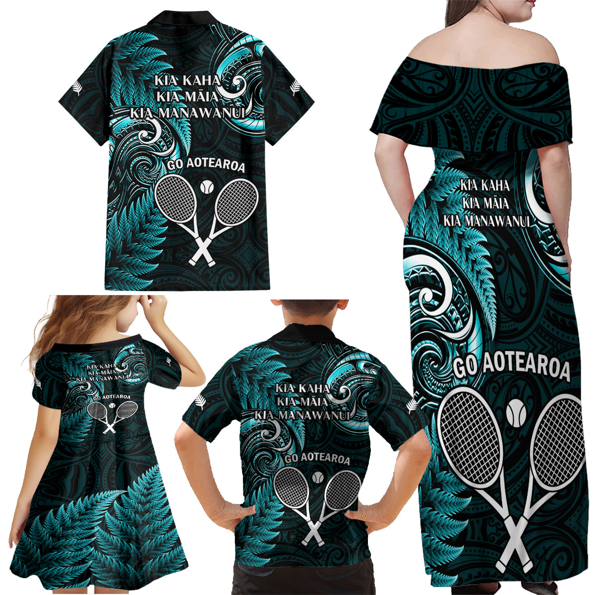 New Zealand Tiki Tennis Family Matching Off Shoulder Maxi Dress and Hawaiian Shirt 2024 Aotearoa Tenehi Maori Silver Fern - Turquoise