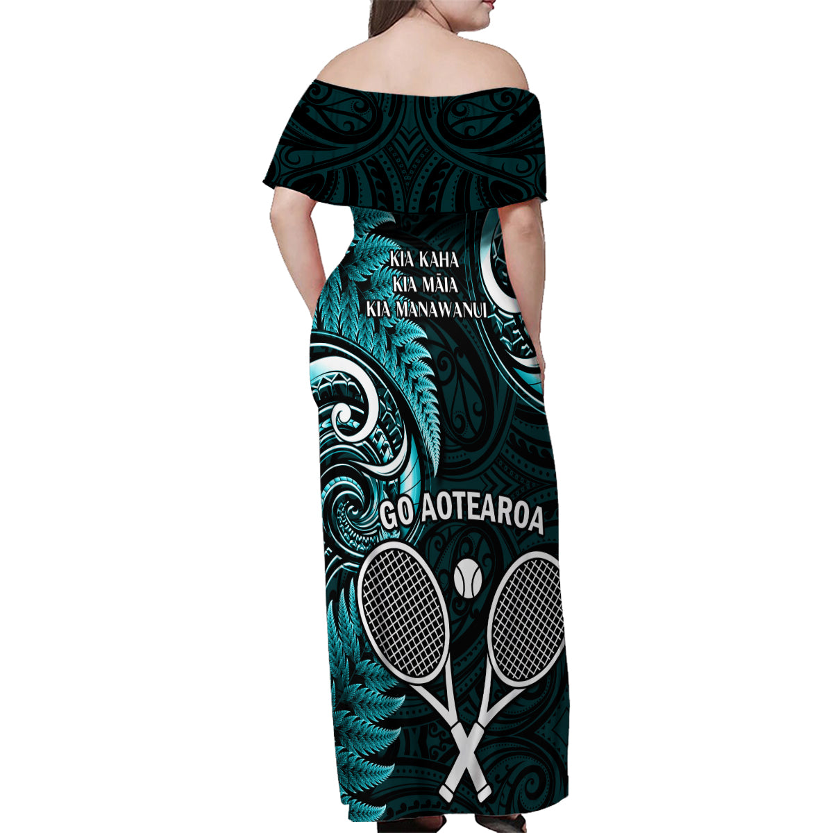 New Zealand Tiki Tennis Family Matching Off Shoulder Maxi Dress and Hawaiian Shirt 2024 Aotearoa Tenehi Maori Silver Fern - Turquoise