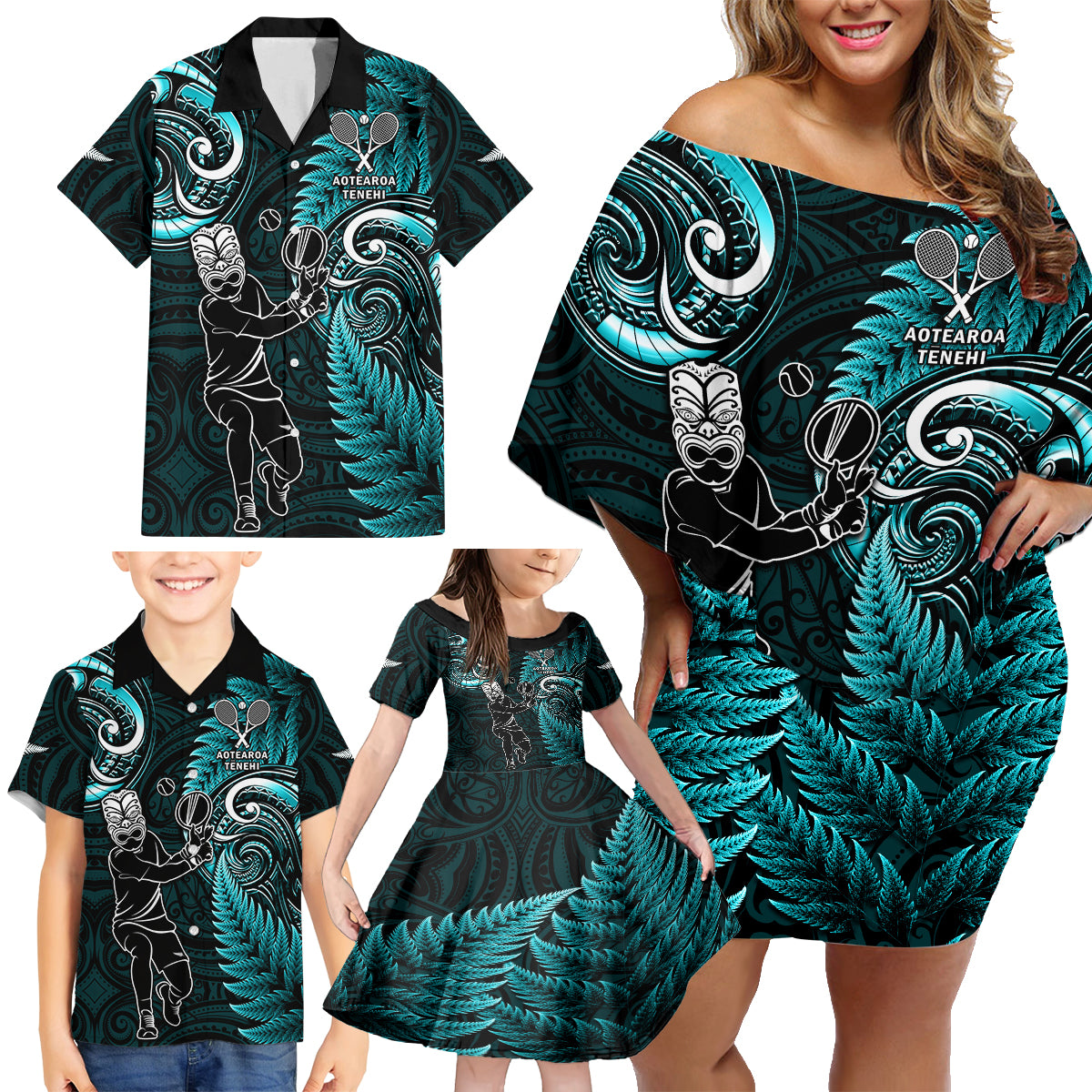 New Zealand Tiki Tennis Family Matching Off Shoulder Short Dress and Hawaiian Shirt 2024 Aotearoa Tenehi Maori Silver Fern - Turquoise