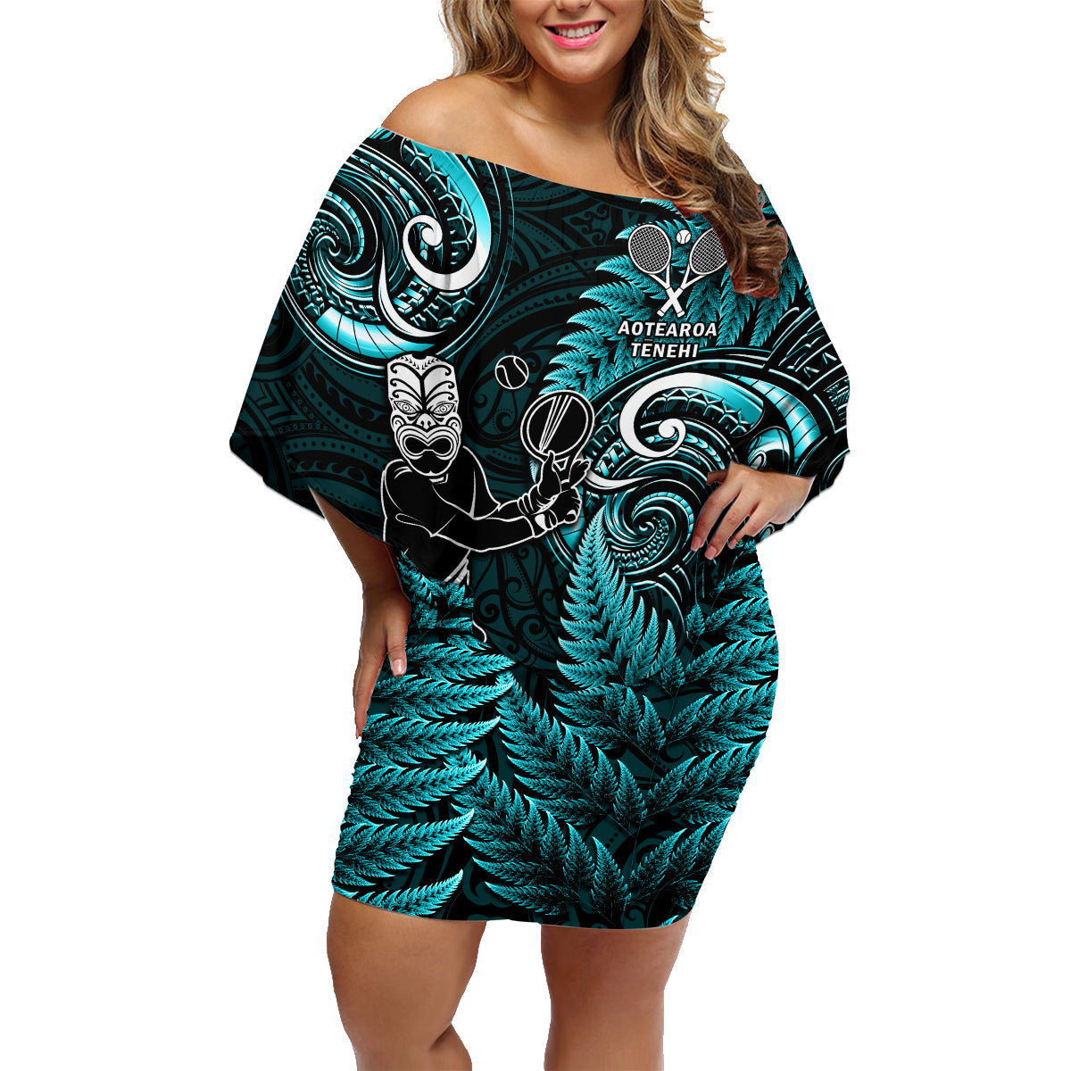 New Zealand Tiki Tennis Family Matching Off Shoulder Short Dress and Hawaiian Shirt 2024 Aotearoa Tenehi Maori Silver Fern - Turquoise