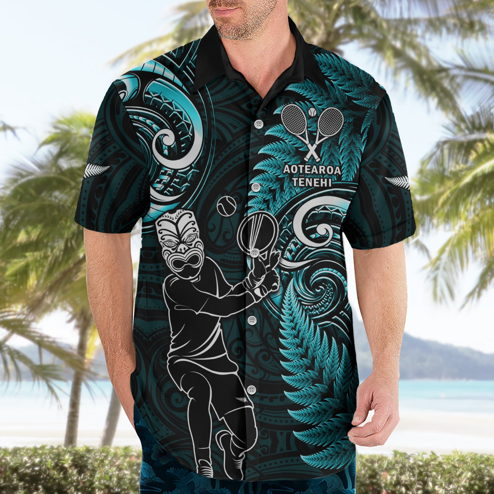 New Zealand Tiki Tennis Hawaiian Shirt 2024 Aotearoa Tenehi Maori Silver Fern - Turquoise - Vibe Hoodie Shop