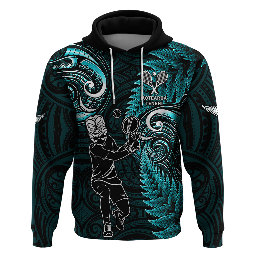 New Zealand Tiki Tennis Hoodie 2024 Aotearoa Tenehi Maori Silver Fern - Turquoise - Vibe Hoodie Shop