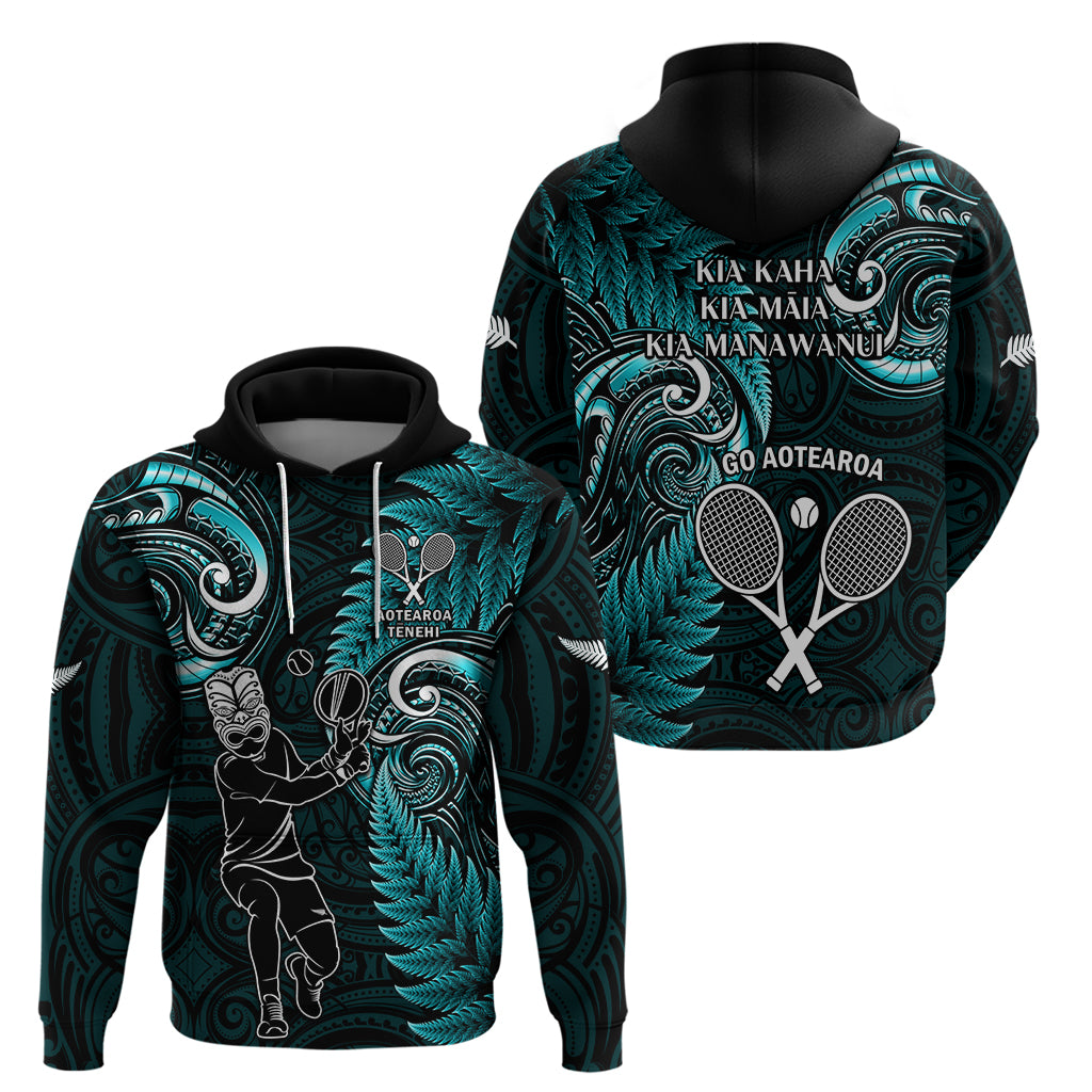 New Zealand Tiki Tennis Hoodie 2024 Aotearoa Tenehi Maori Silver Fern - Turquoise - Vibe Hoodie Shop