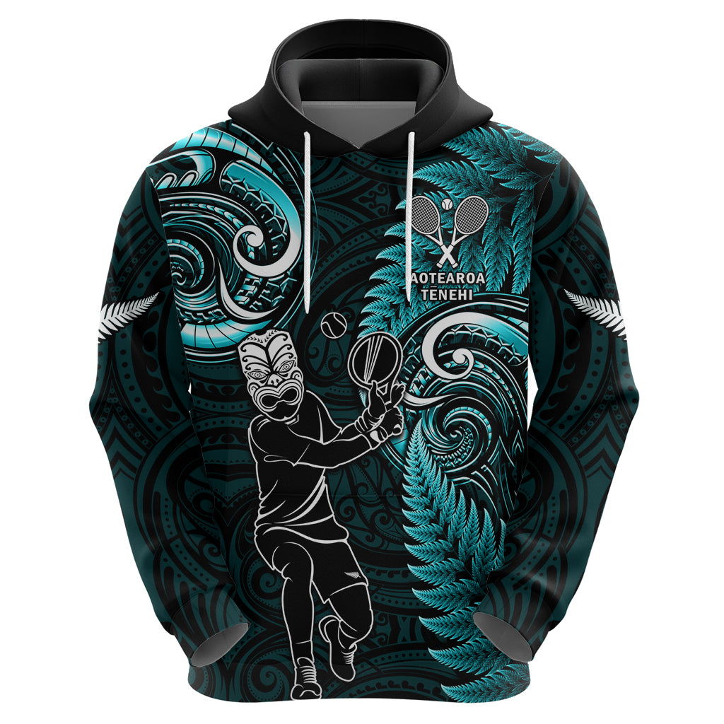 New Zealand Tiki Tennis Hoodie 2024 Aotearoa Tenehi Maori Silver Fern - Turquoise - Vibe Hoodie Shop