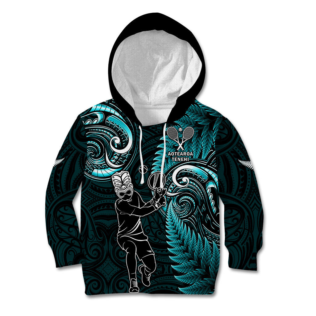 New Zealand Tiki Tennis Kid Hoodie 2024 Aotearoa Tenehi Maori Silver Fern - Turquoise - Vibe Hoodie Shop