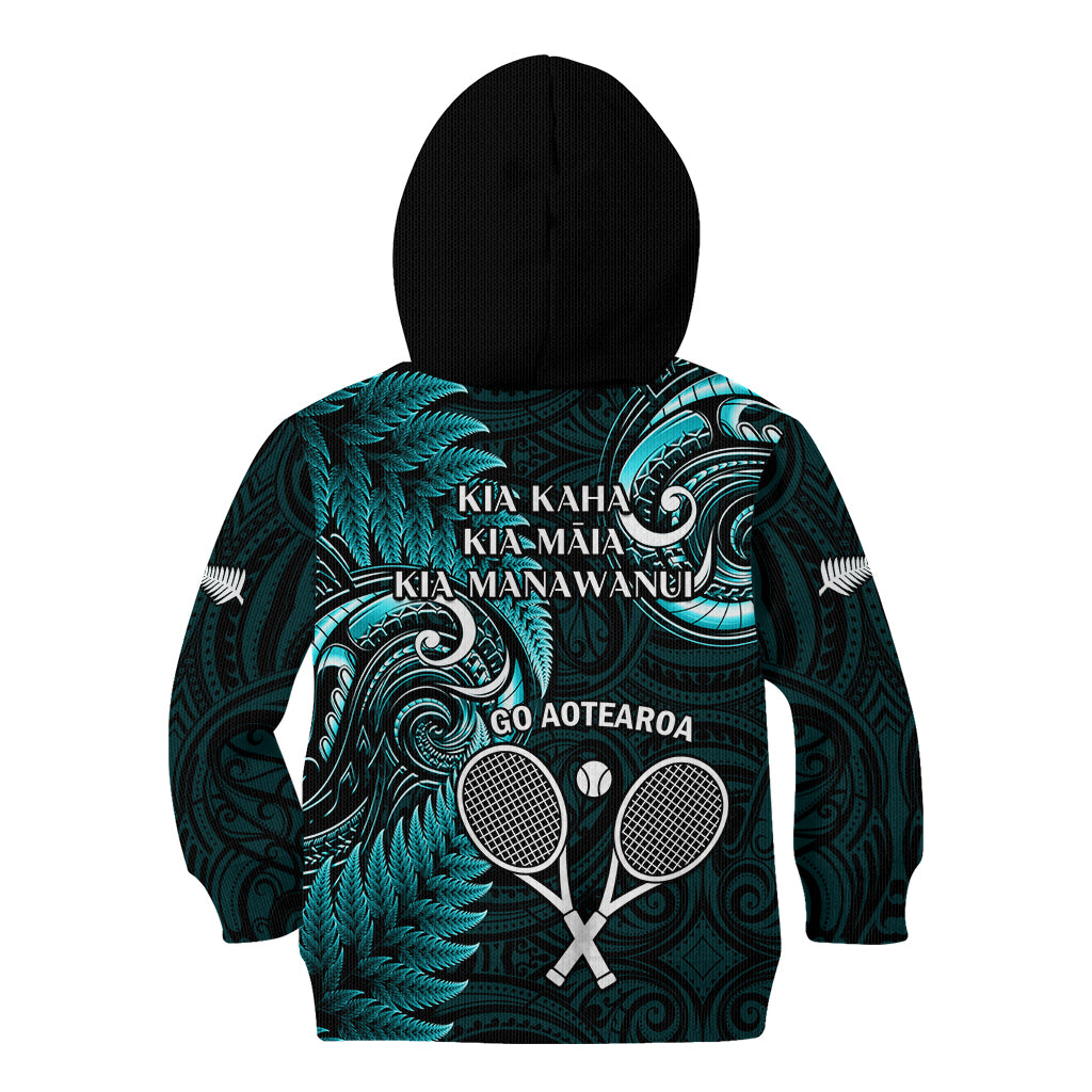 New Zealand Tiki Tennis Kid Hoodie 2024 Aotearoa Tenehi Maori Silver Fern - Turquoise - Vibe Hoodie Shop