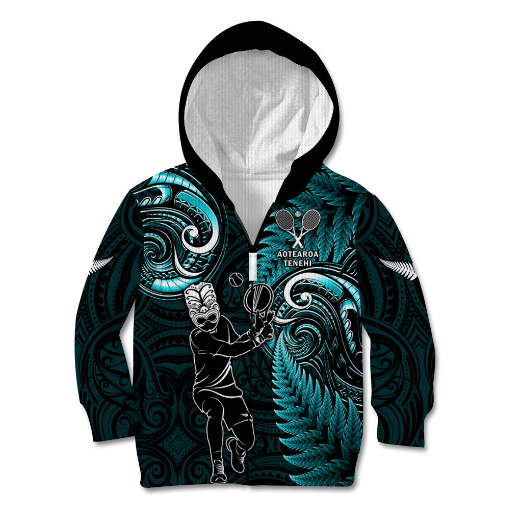 New Zealand Tiki Tennis Kid Hoodie 2024 Aotearoa Tenehi Maori Silver Fern - Turquoise - Vibe Hoodie Shop