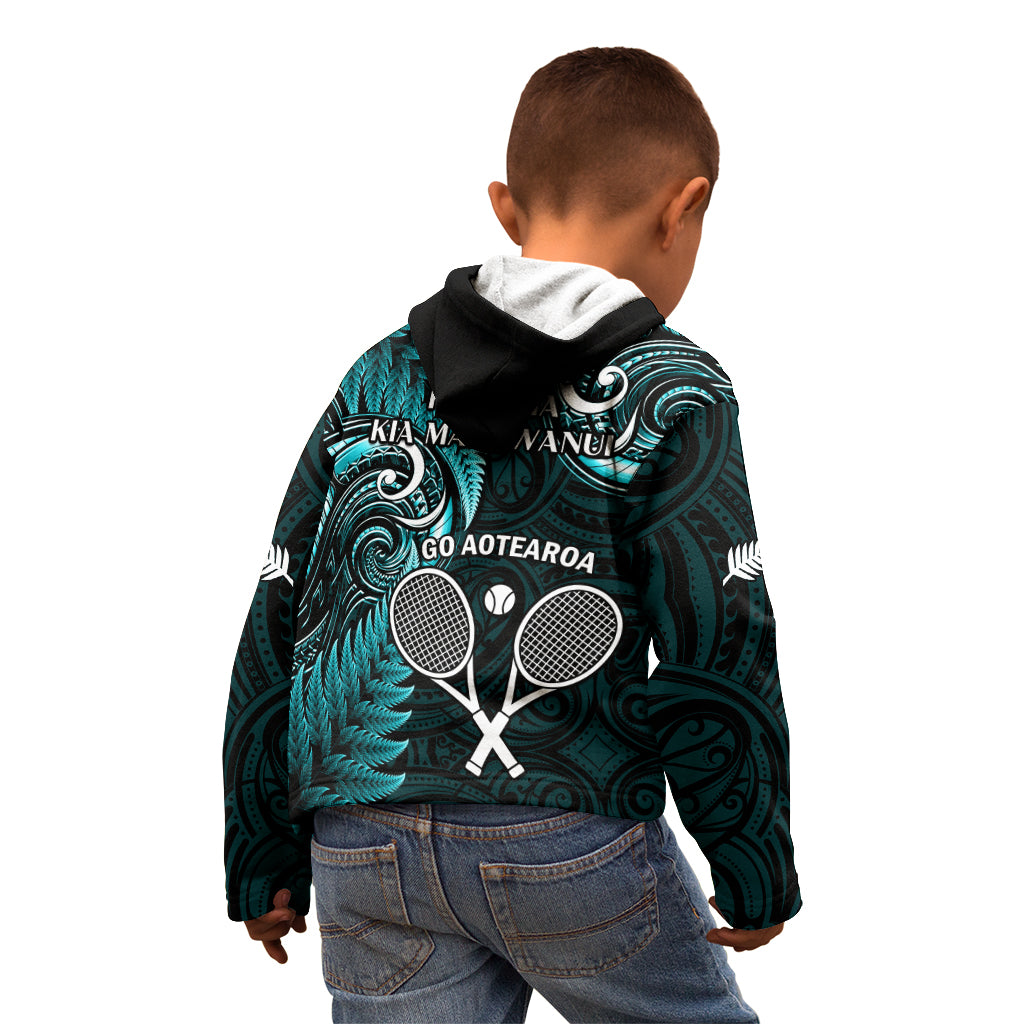 New Zealand Tiki Tennis Kid Hoodie 2024 Aotearoa Tenehi Maori Silver Fern - Turquoise - Vibe Hoodie Shop