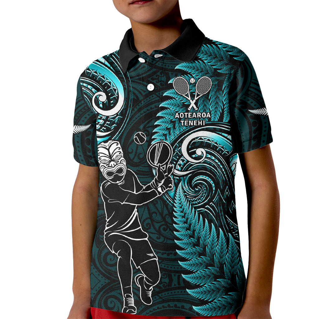 New Zealand Tiki Tennis Kid Polo Shirt 2024 Aotearoa Tenehi Maori Silver Fern - Turquoise - Vibe Hoodie Shop