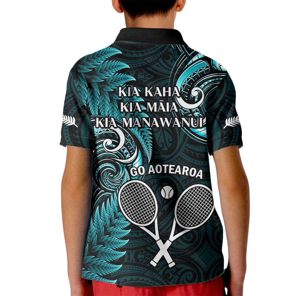 New Zealand Tiki Tennis Kid Polo Shirt 2024 Aotearoa Tenehi Maori Silver Fern - Turquoise - Vibe Hoodie Shop