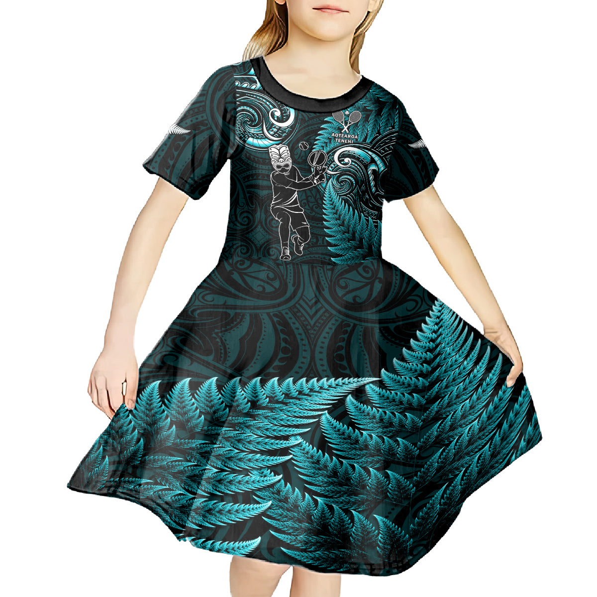 New Zealand Tiki Tennis Kid Short Sleeve Dress 2024 Aotearoa Tenehi Maori Silver Fern - Turquoise - Vibe Hoodie Shop