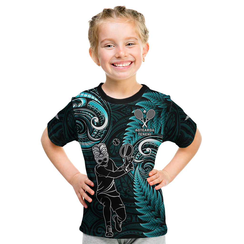 New Zealand Tiki Tennis Kid T Shirt 2024 Aotearoa Tenehi Maori Silver Fern - Turquoise - Vibe Hoodie Shop