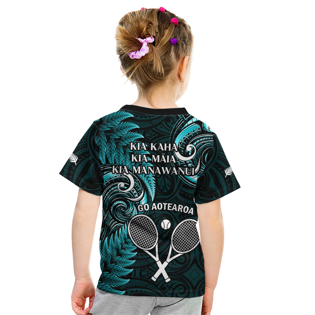 New Zealand Tiki Tennis Kid T Shirt 2024 Aotearoa Tenehi Maori Silver Fern - Turquoise - Vibe Hoodie Shop