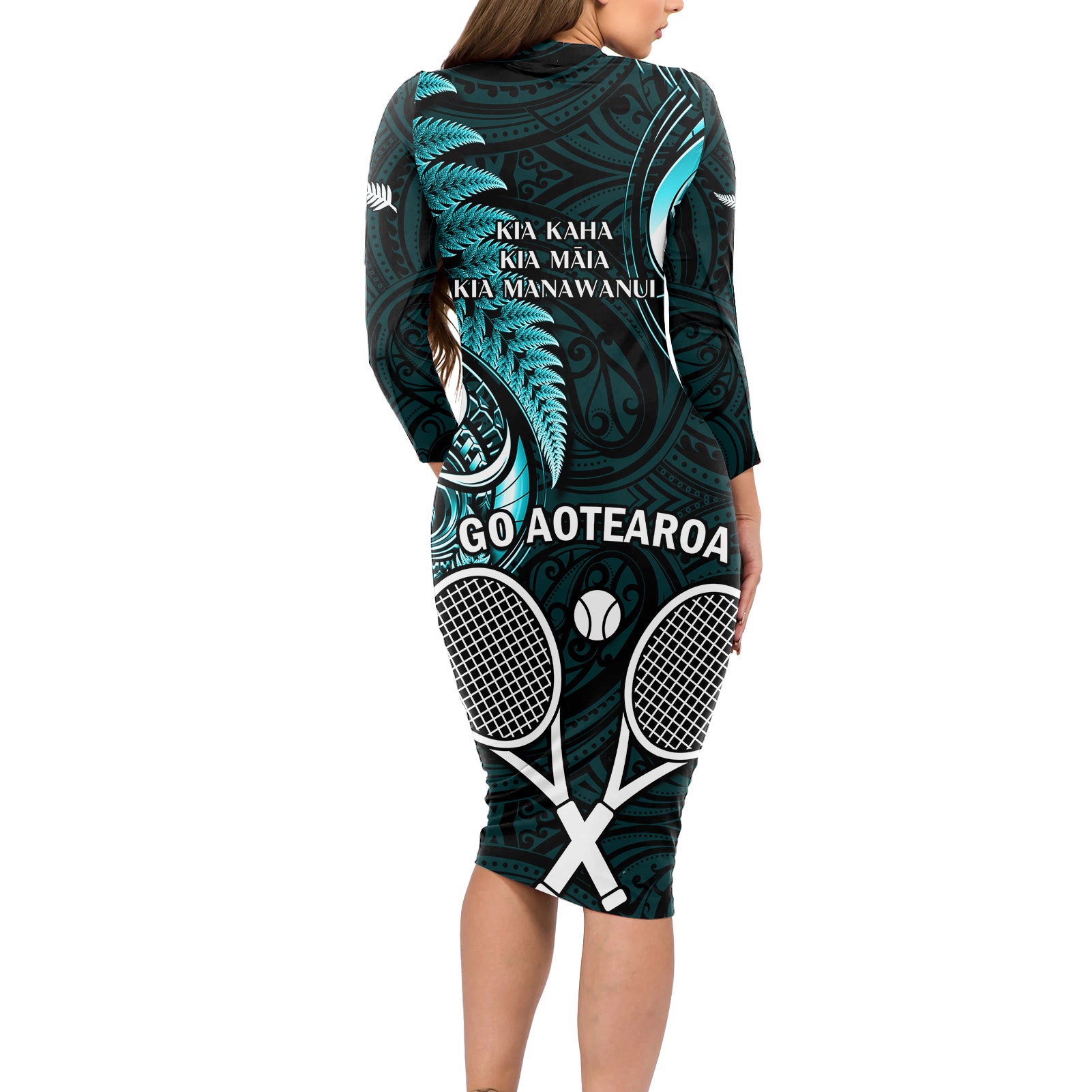 New Zealand Tiki Tennis Long Sleeve Bodycon Dress 2024 Aotearoa Tenehi Maori Silver Fern - Turquoise