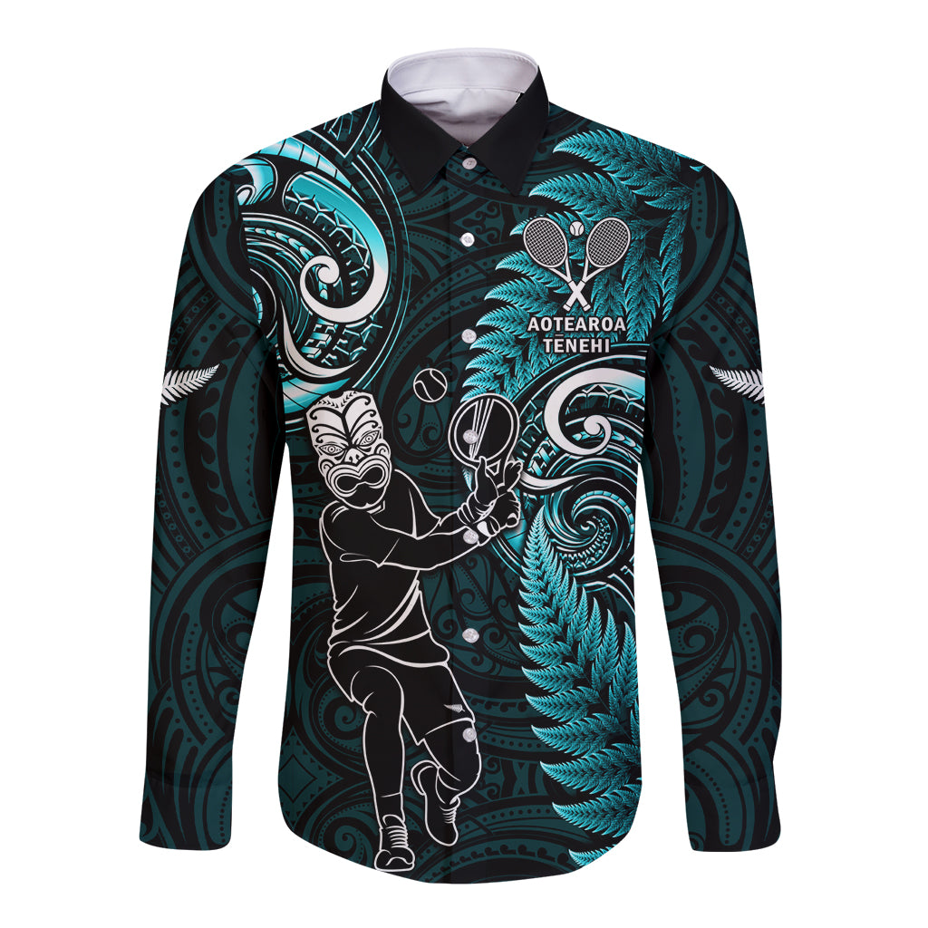 New Zealand Tiki Tennis Long Sleeve Button Shirt 2024 Aotearoa Tenehi Maori Silver Fern - Turquoise - Vibe Hoodie Shop