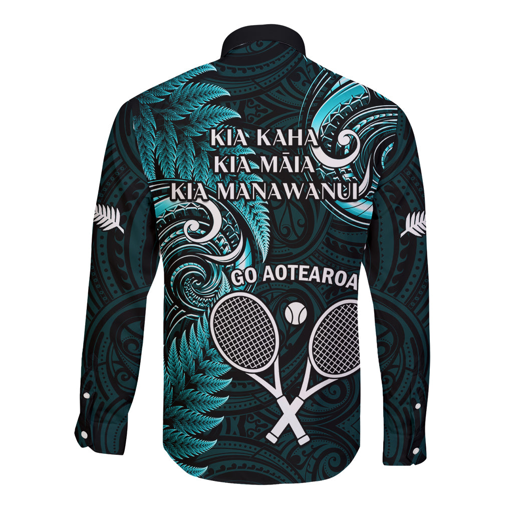 New Zealand Tiki Tennis Long Sleeve Button Shirt 2024 Aotearoa Tenehi Maori Silver Fern - Turquoise - Vibe Hoodie Shop