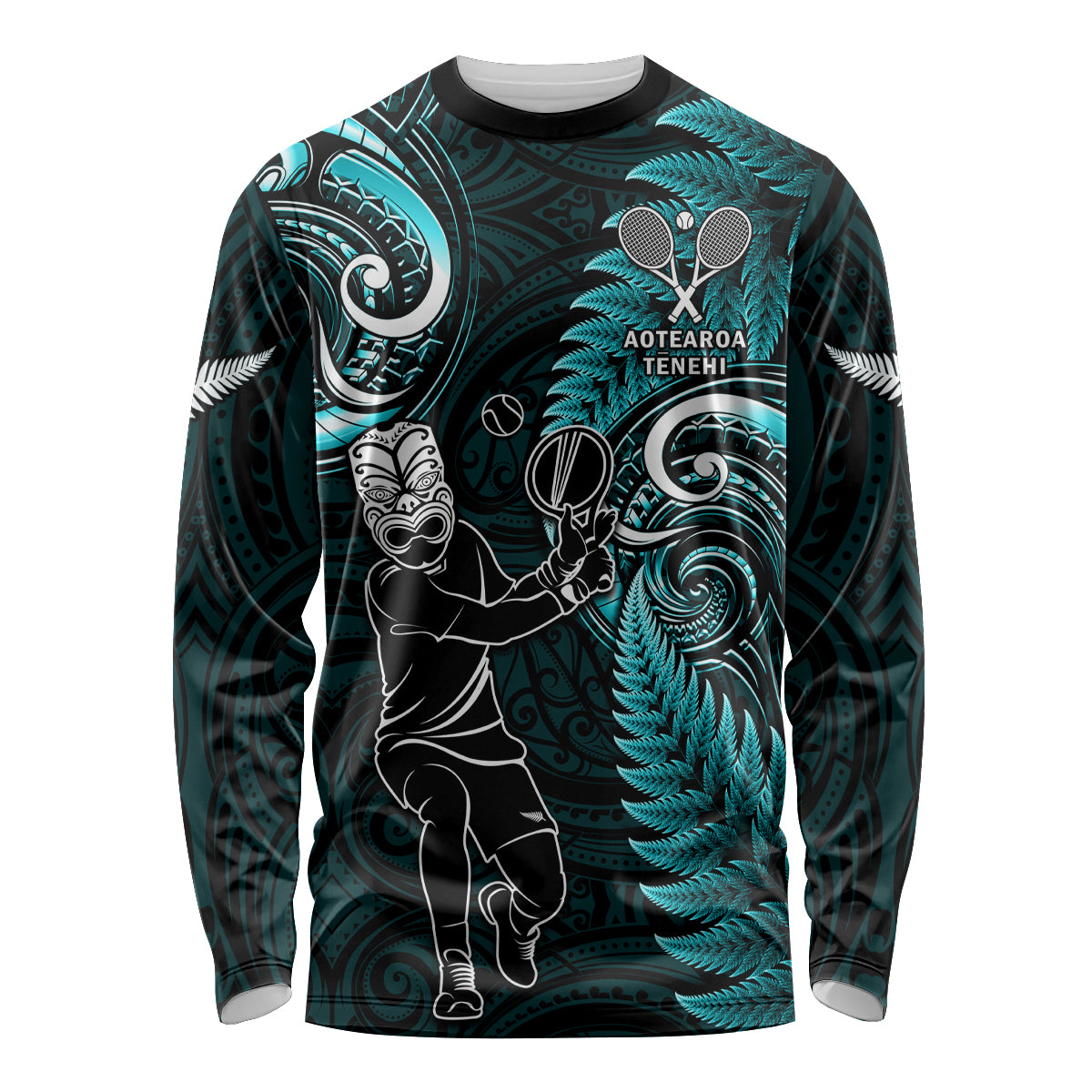 New Zealand Tiki Tennis Long Sleeve Shirt 2024 Aotearoa Tenehi Maori Silver Fern - Turquoise - Vibe Hoodie Shop