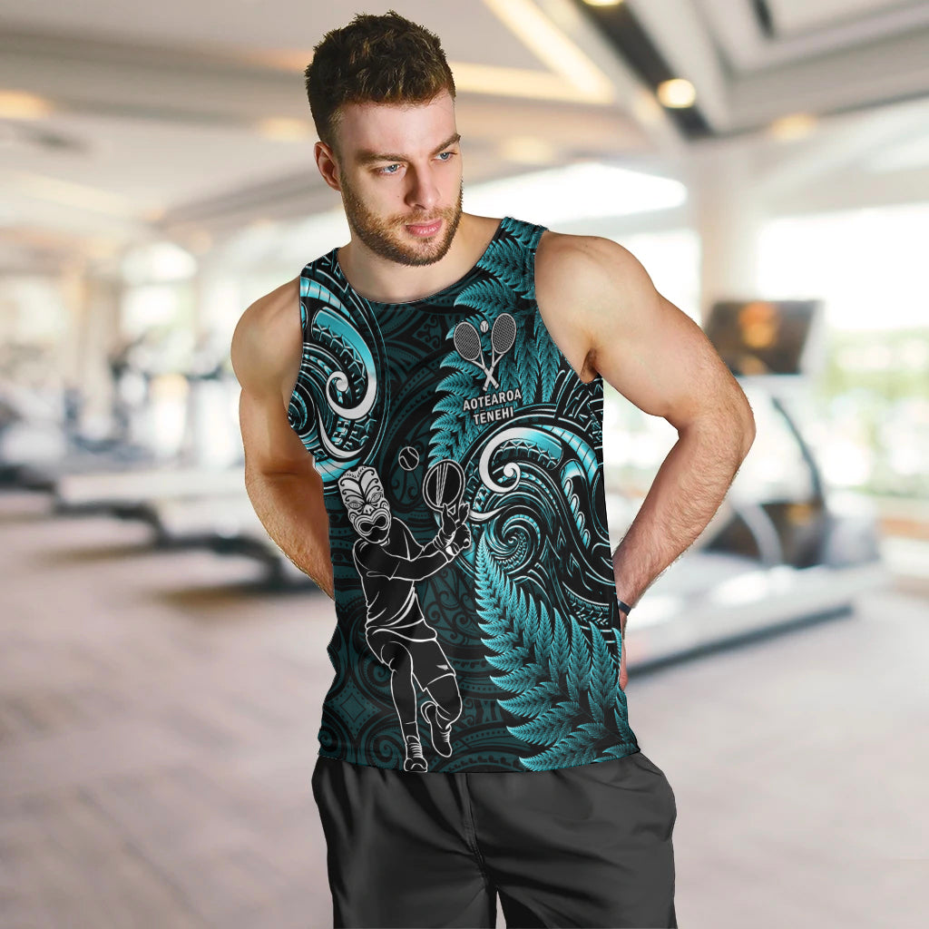 New Zealand Tiki Tennis Men Tank Top 2024 Aotearoa Tenehi Maori Silver Fern - Turquoise - Vibe Hoodie Shop