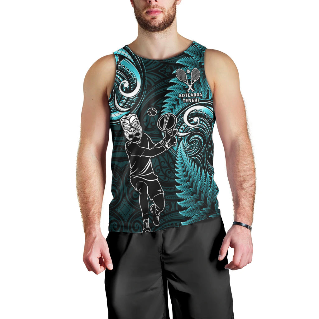 New Zealand Tiki Tennis Men Tank Top 2024 Aotearoa Tenehi Maori Silver Fern - Turquoise - Vibe Hoodie Shop