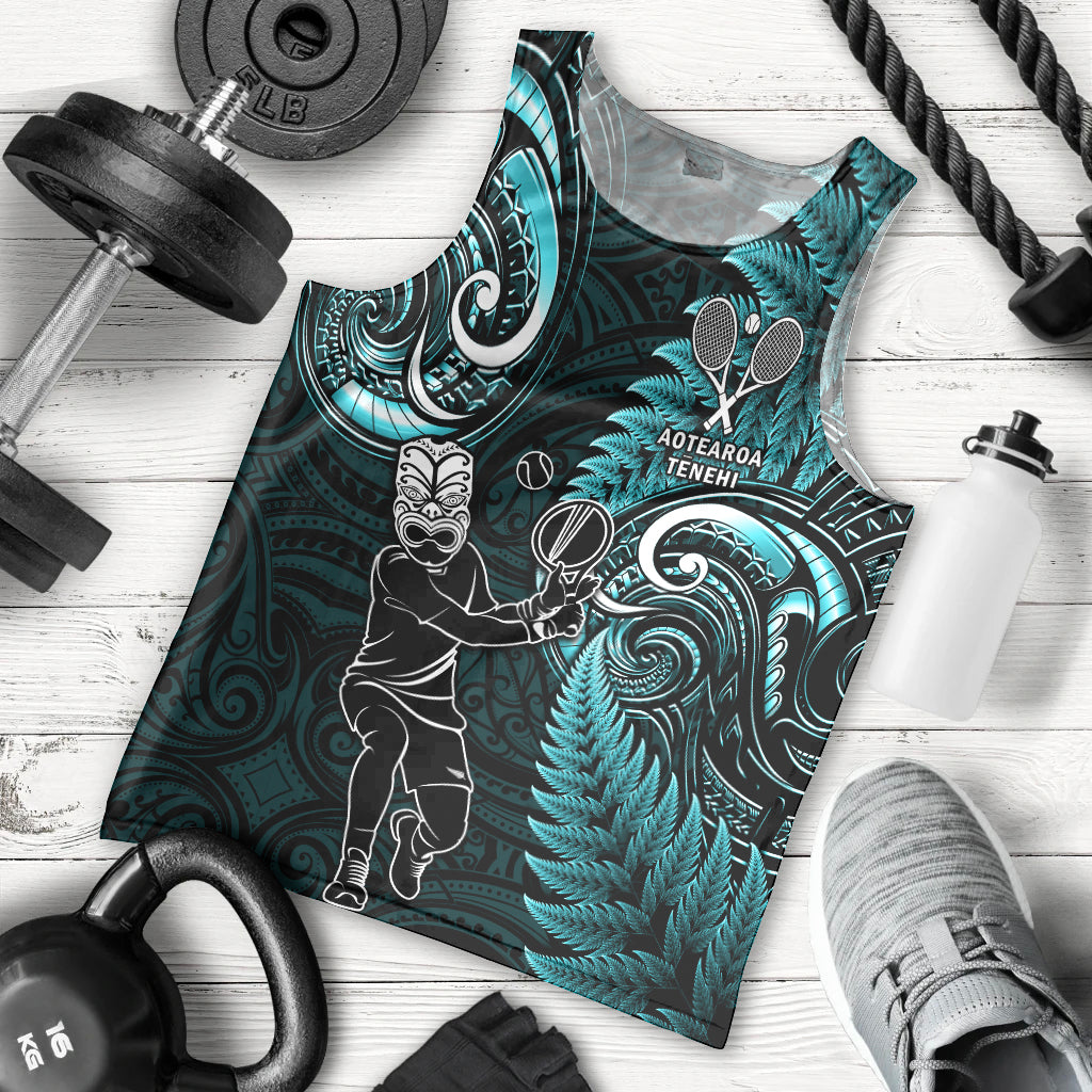 New Zealand Tiki Tennis Men Tank Top 2024 Aotearoa Tenehi Maori Silver Fern - Turquoise - Vibe Hoodie Shop