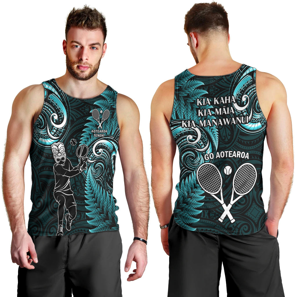 New Zealand Tiki Tennis Men Tank Top 2024 Aotearoa Tenehi Maori Silver Fern - Turquoise - Vibe Hoodie Shop