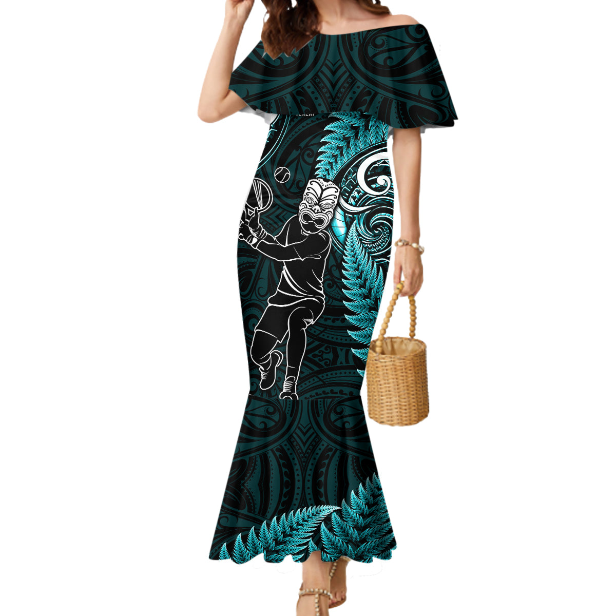 New Zealand Tiki Tennis Mermaid Dress 2024 Aotearoa Tenehi Maori Silver Fern - Turquoise