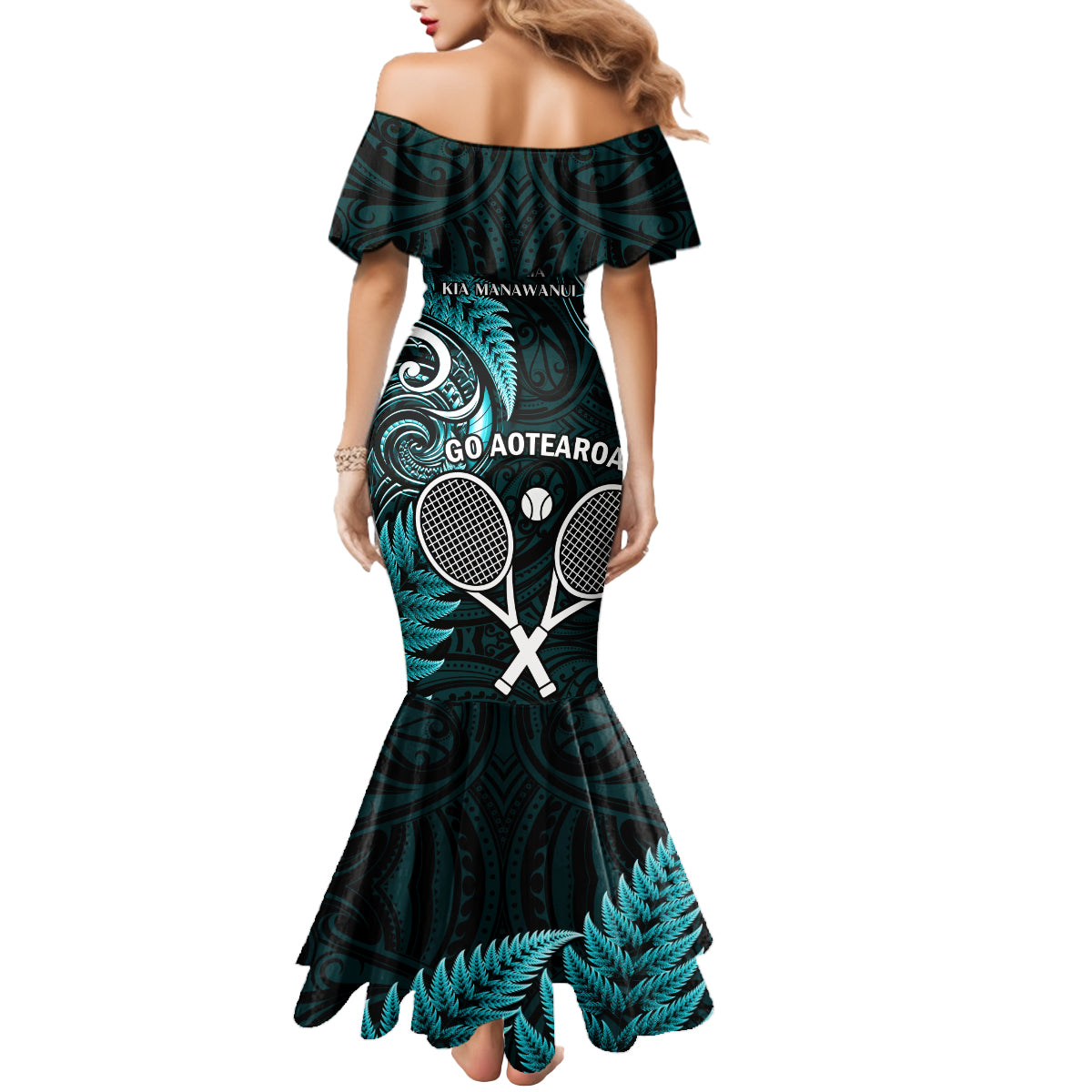 New Zealand Tiki Tennis Mermaid Dress 2024 Aotearoa Tenehi Maori Silver Fern - Turquoise