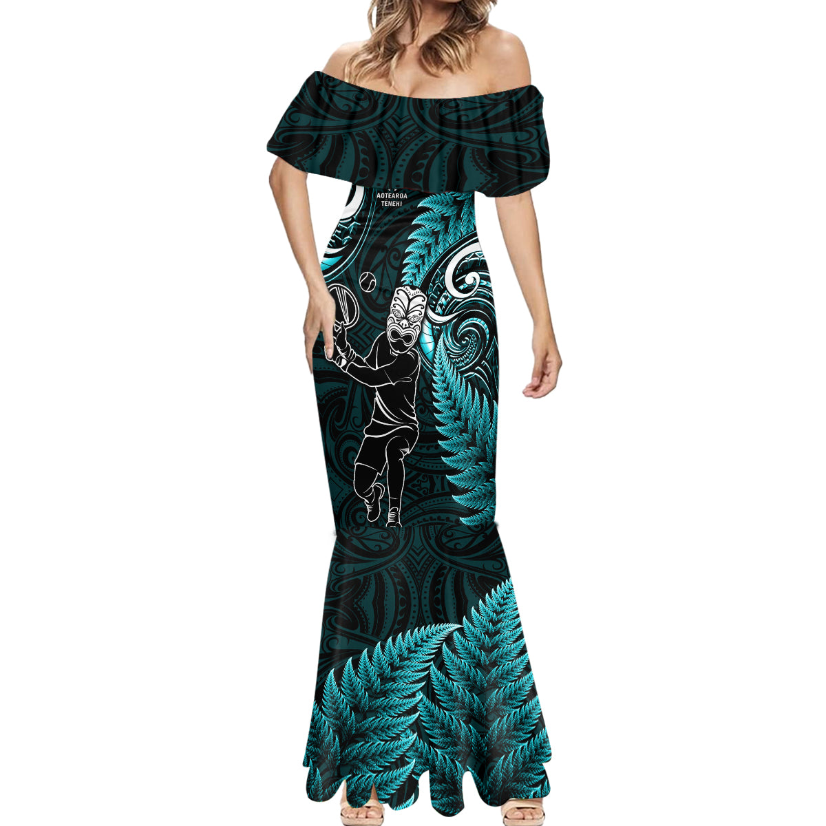 New Zealand Tiki Tennis Mermaid Dress 2024 Aotearoa Tenehi Maori Silver Fern - Turquoise