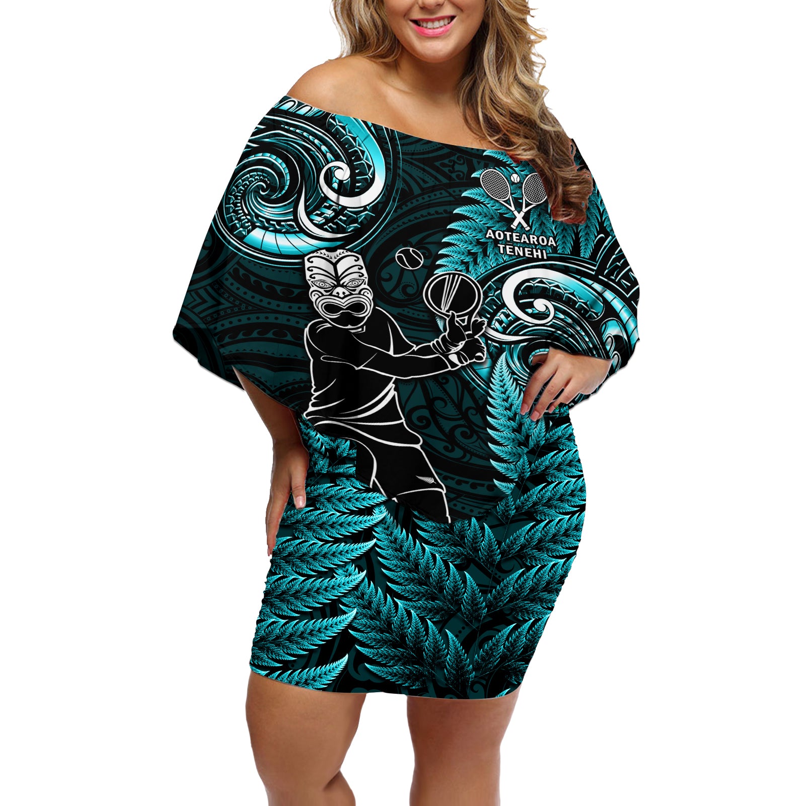 New Zealand Tiki Tennis Off Shoulder Short Dress 2024 Aotearoa Tenehi Maori Silver Fern - Turquoise