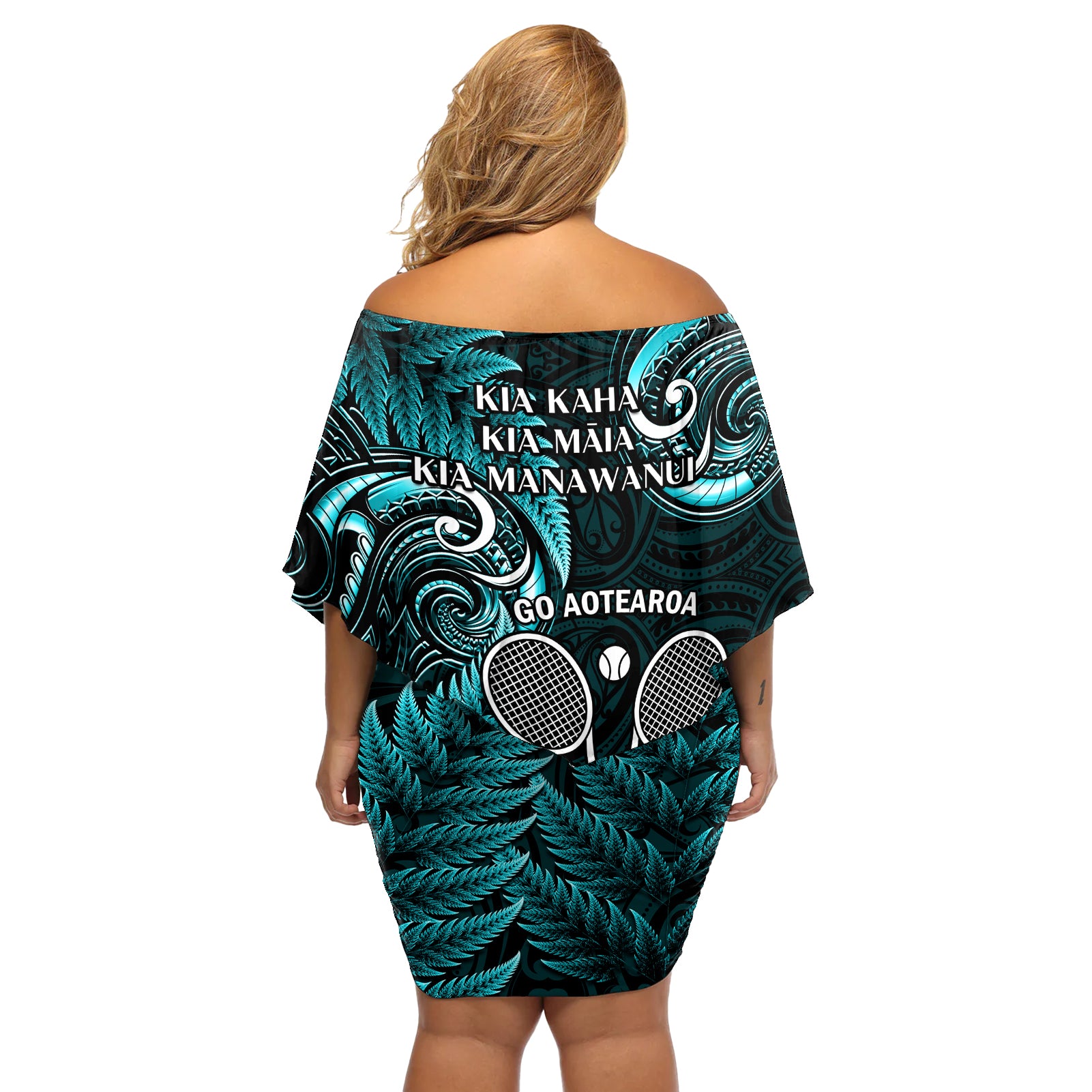 New Zealand Tiki Tennis Off Shoulder Short Dress 2024 Aotearoa Tenehi Maori Silver Fern - Turquoise