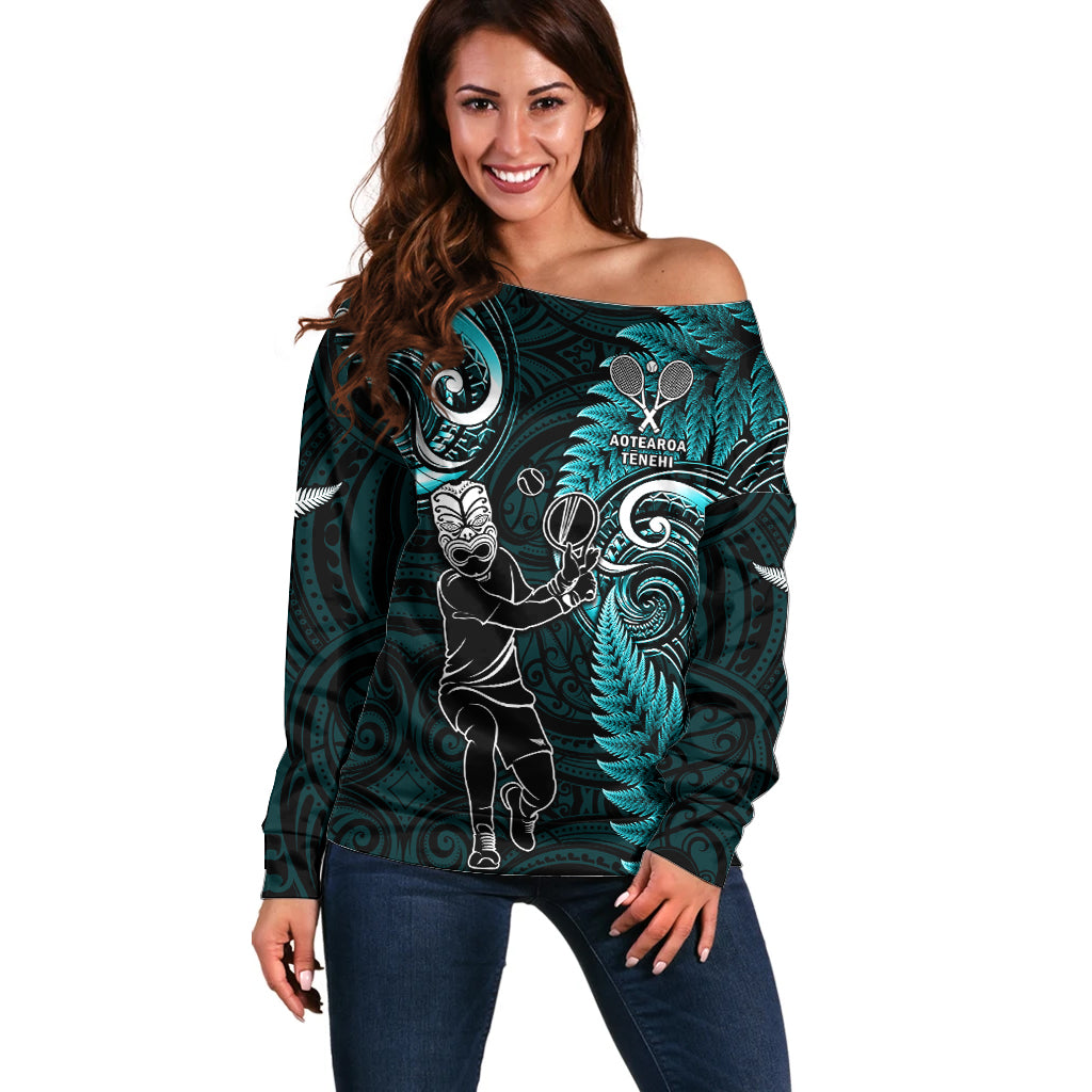 New Zealand Tiki Tennis Off Shoulder Sweater 2024 Aotearoa Tenehi Maori Silver Fern - Turquoise - Vibe Hoodie Shop