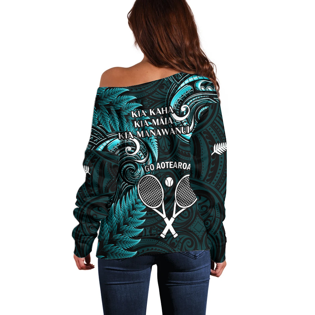 New Zealand Tiki Tennis Off Shoulder Sweater 2024 Aotearoa Tenehi Maori Silver Fern - Turquoise - Vibe Hoodie Shop