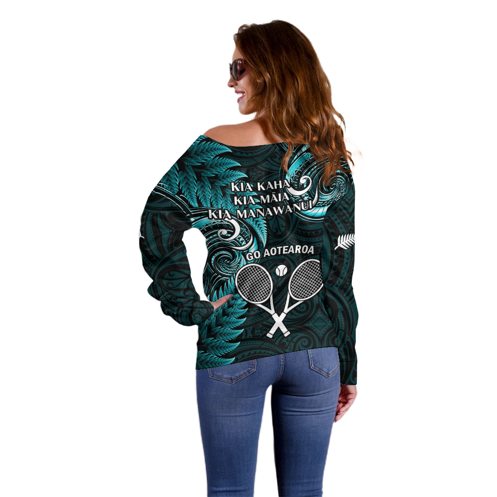 New Zealand Tiki Tennis Off Shoulder Sweater 2024 Aotearoa Tenehi Maori Silver Fern - Turquoise - Vibe Hoodie Shop