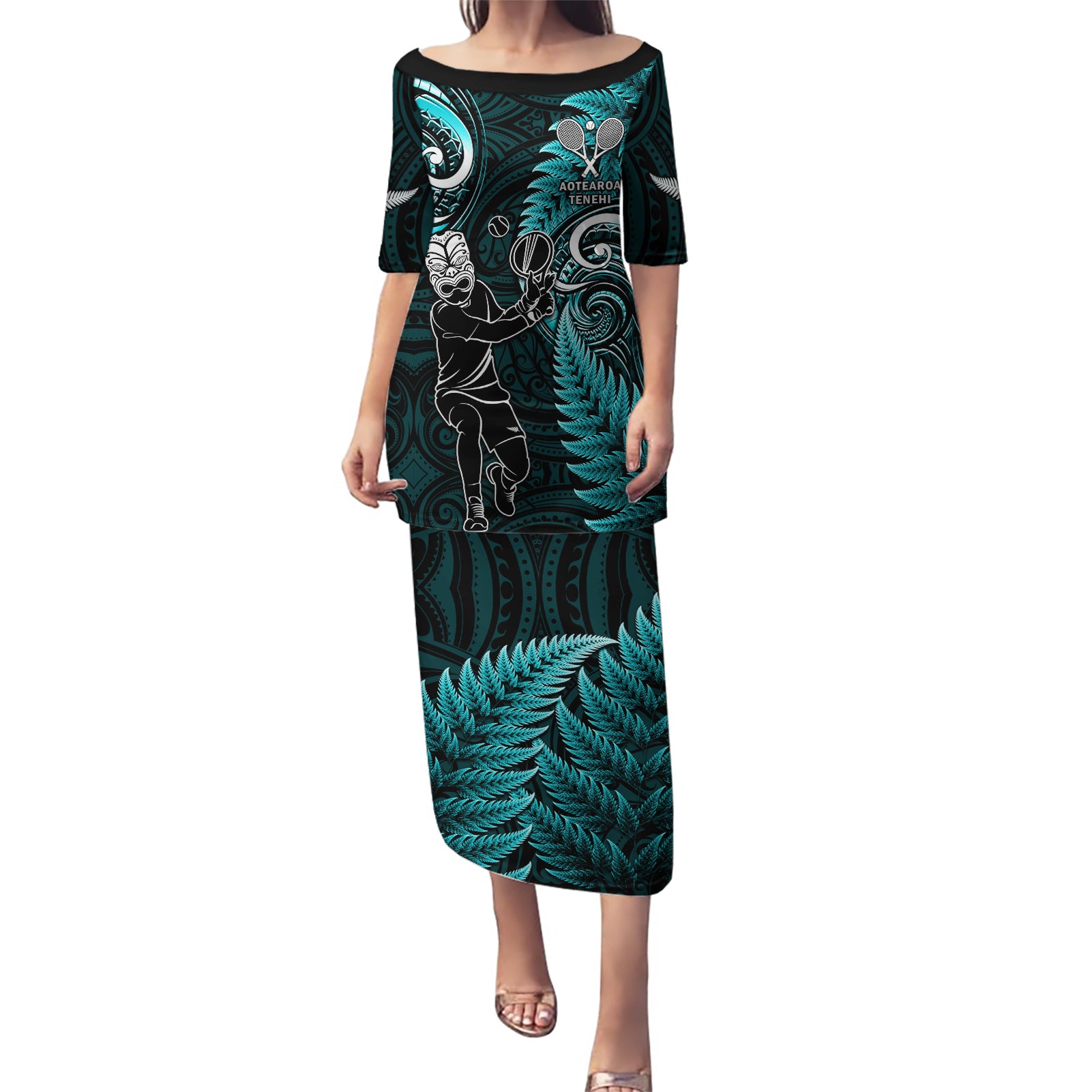 New Zealand Tiki Tennis Puletasi 2024 Aotearoa Tenehi Maori Silver Fern - Turquoise