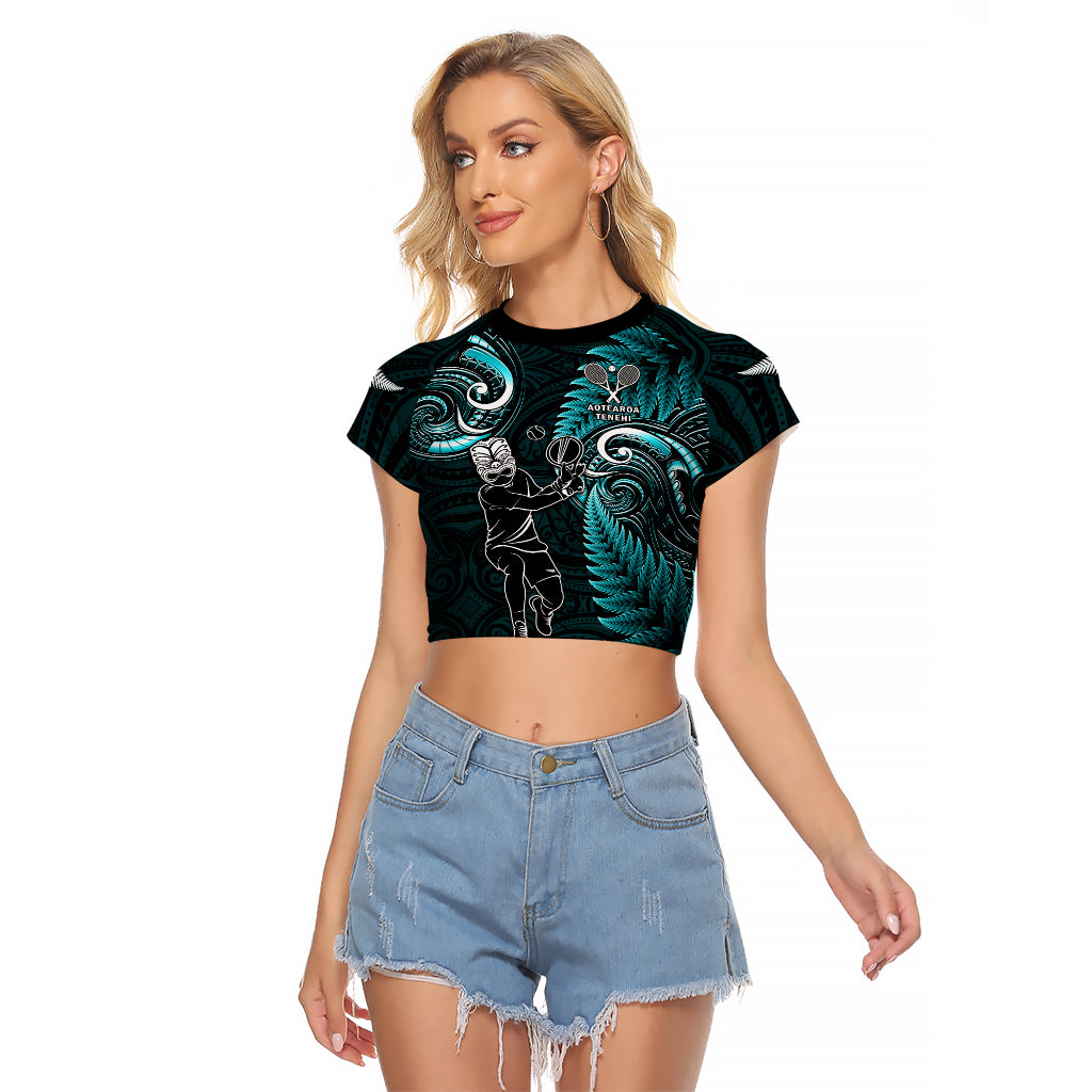 New Zealand Tiki Tennis Raglan Cropped T Shirt 2024 Aotearoa Tenehi Maori Silver Fern - Turquoise - Vibe Hoodie Shop