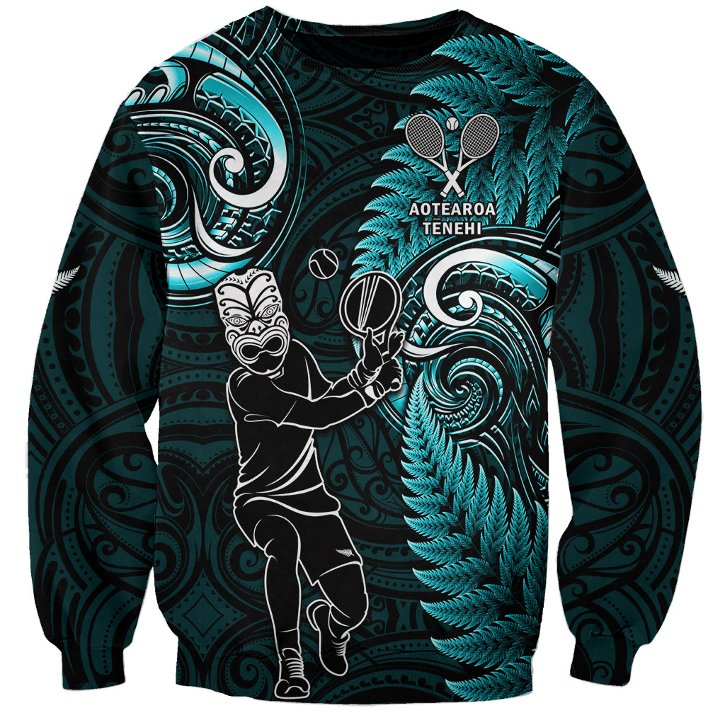 New Zealand Tiki Tennis Sweatshirt 2024 Aotearoa Tenehi Maori Silver Fern - Turquoise - Vibe Hoodie Shop