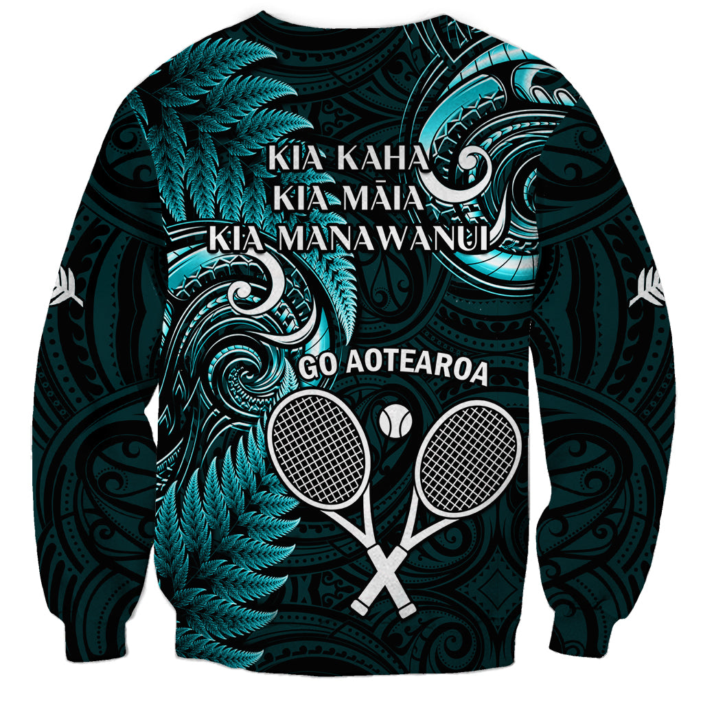 New Zealand Tiki Tennis Sweatshirt 2024 Aotearoa Tenehi Maori Silver Fern - Turquoise - Vibe Hoodie Shop