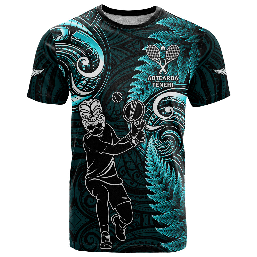 New Zealand Tiki Tennis T Shirt 2024 Aotearoa Tenehi Maori Silver Fern - Turquoise - Vibe Hoodie Shop