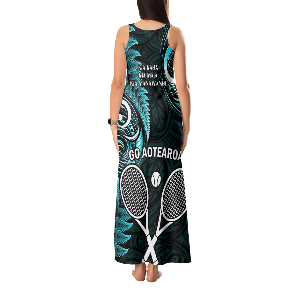 New Zealand Tiki Tennis Tank Maxi Dress 2024 Aotearoa Tenehi Maori Silver Fern - Turquoise