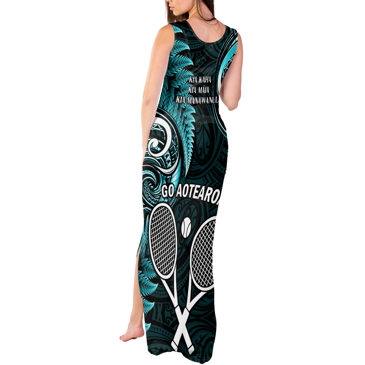 New Zealand Tiki Tennis Tank Maxi Dress 2024 Aotearoa Tenehi Maori Silver Fern - Turquoise