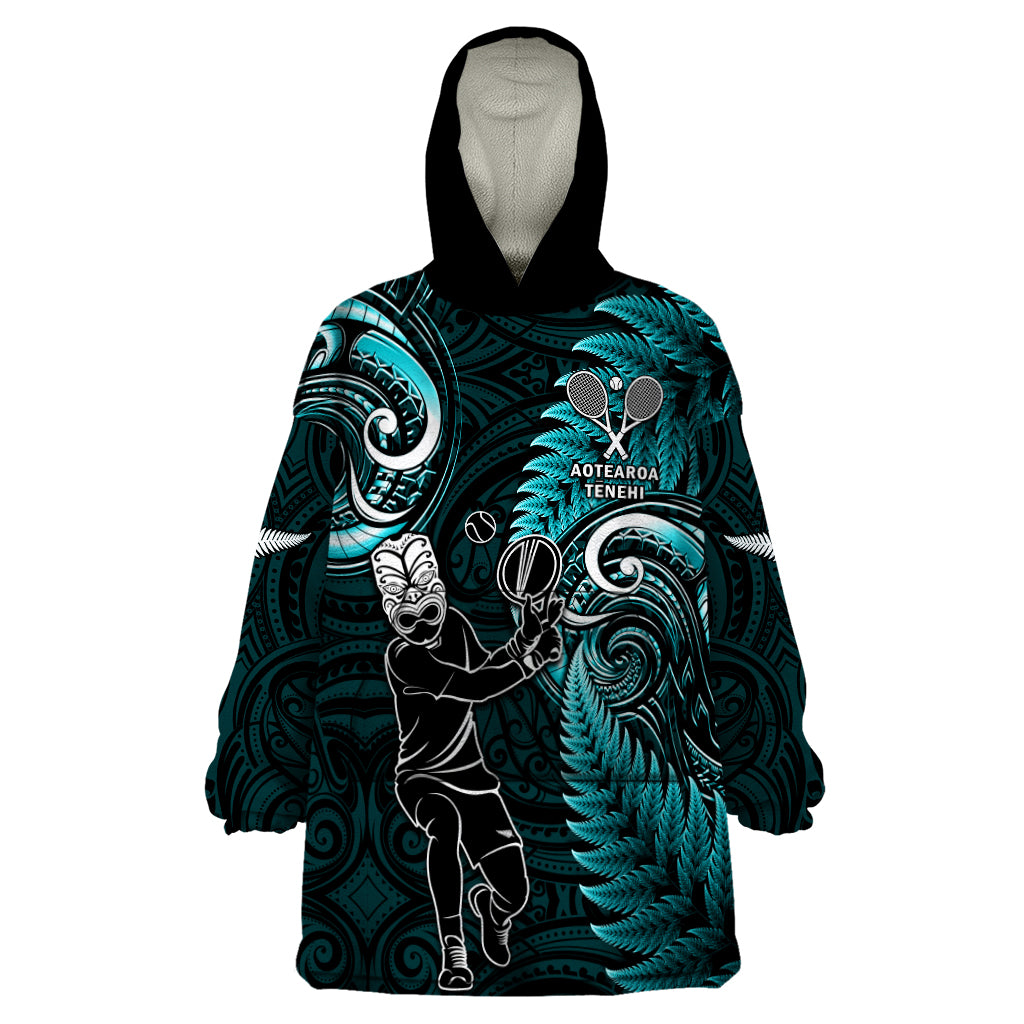 New Zealand Tiki Tennis Wearable Blanket Hoodie 2024 Aotearoa Tenehi Maori Silver Fern - Turquoise - Vibe Hoodie Shop