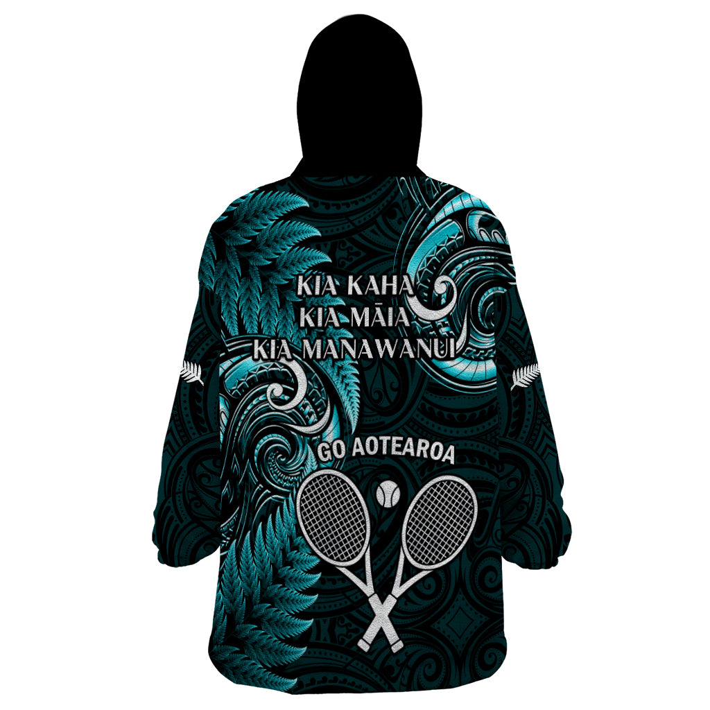 New Zealand Tiki Tennis Wearable Blanket Hoodie 2024 Aotearoa Tenehi Maori Silver Fern - Turquoise - Vibe Hoodie Shop