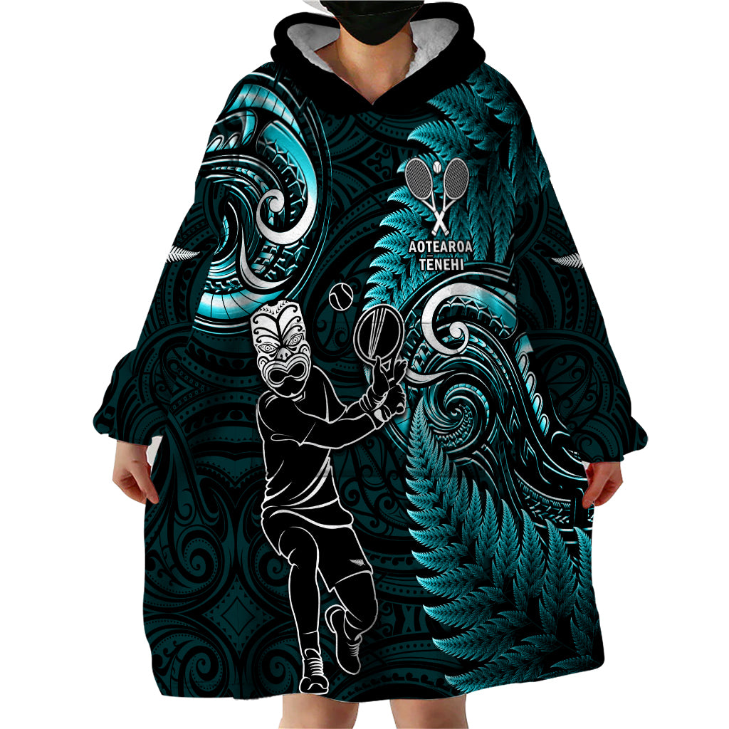 New Zealand Tiki Tennis Wearable Blanket Hoodie 2024 Aotearoa Tenehi Maori Silver Fern - Turquoise - Vibe Hoodie Shop