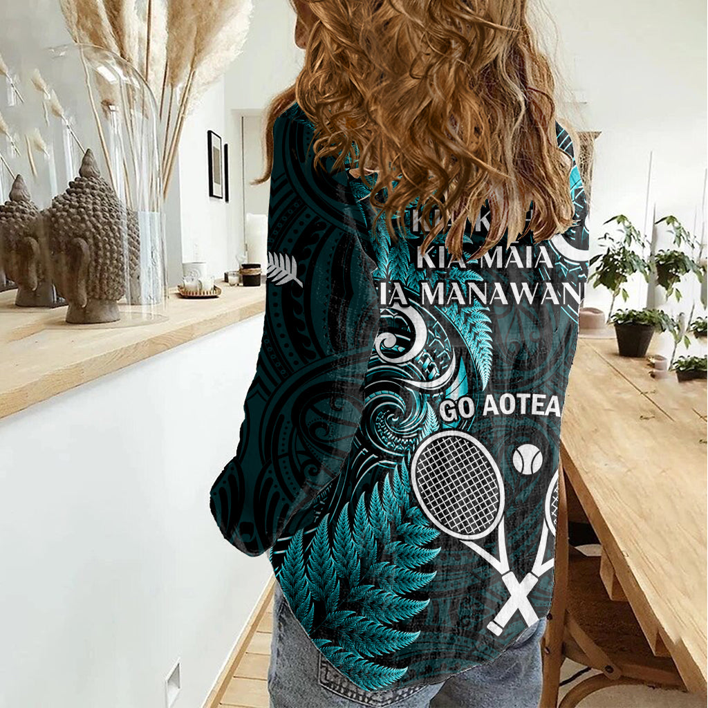 New Zealand Tiki Tennis Women Casual Shirt 2024 Aotearoa Tenehi Maori Silver Fern - Turquoise - Vibe Hoodie Shop