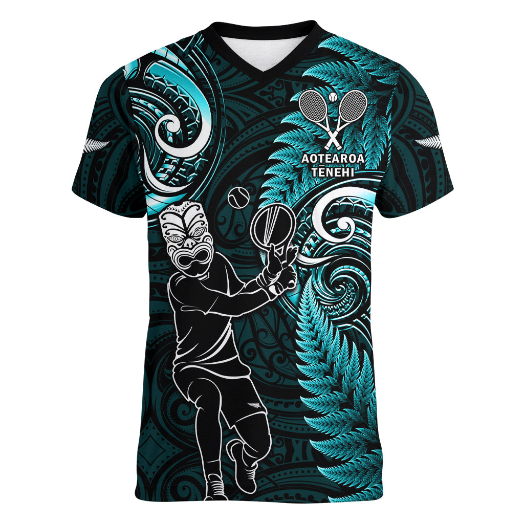 New Zealand Tiki Tennis Women V Neck T Shirt 2024 Aotearoa Tenehi Maori Silver Fern - Turquoise - Vibe Hoodie Shop