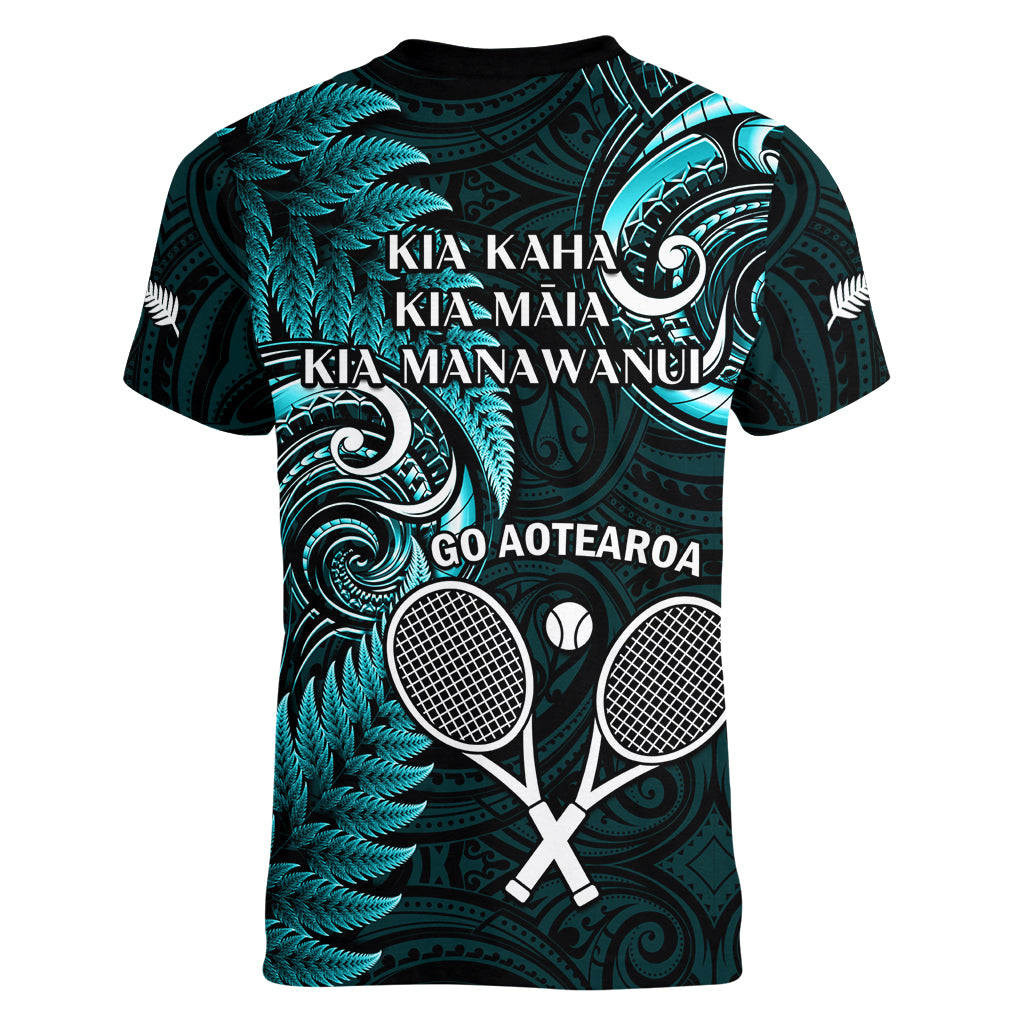 New Zealand Tiki Tennis Women V Neck T Shirt 2024 Aotearoa Tenehi Maori Silver Fern - Turquoise - Vibe Hoodie Shop